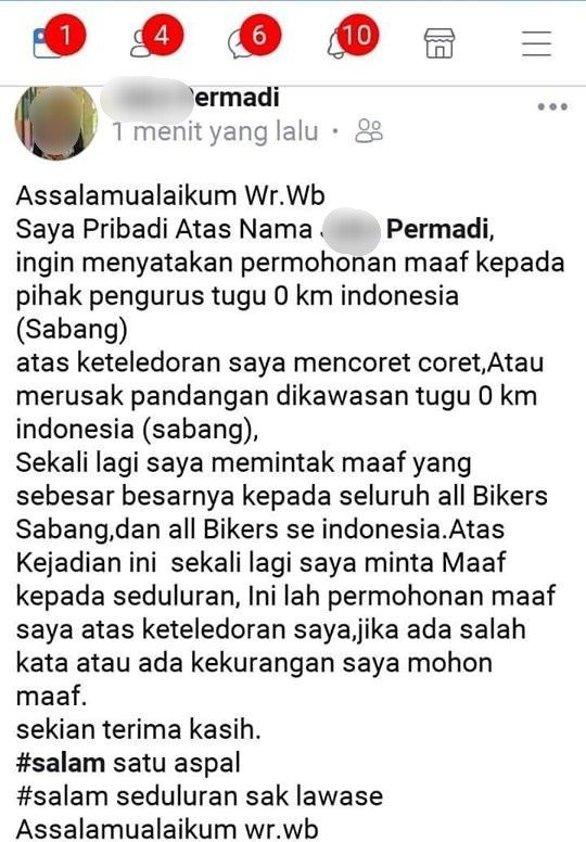 Pemotor yang corat-coret tugu 0 Km Indonesia. (Facebook/Gun's Doank)