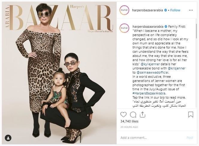 Stormi Webster, Kylie Jenner dan Kriss Jenner dalam covermajalah. (Instagram/@harpersbazaararabia)