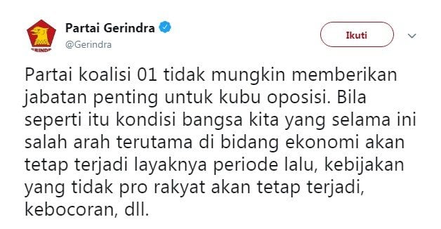 Cuitan akun @gerindra soal kemungkinan isi jabatan di koalisi pemerintahan Jokowi (Twitter)