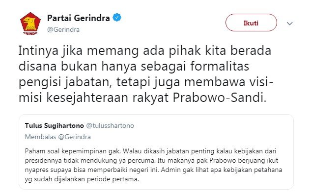 Cuitan akun @gerindra soal kemungkinan isi jabatan di koalisi pemerintahan Jokowi (Twitter)