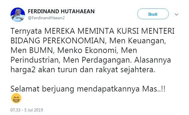 Cuitan Ferdinand Hutahaean soal Partai Gerindra yang minta kursi menteri bidang ekonomi (Twitter)