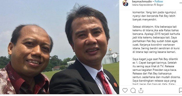 Almarhum Sutopo Purwo Nugroho (kiri) dan oleh Deputi Bidang Protokol, Pers dan Media Sekretariat Presiden, Bey Machmudin (kanan). [Instagram/Bey Machmudin]