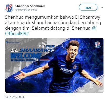 El Shaarawy resmi bergabung Shanghai Shenhua. (Twitter/@shanghaishenhua).