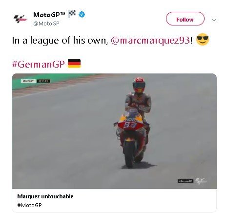 Selebrasi unik Marc Maruez di Sachsenring, Jerman. (Twitter/@motogp)