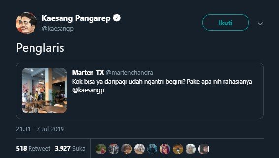 Ditanya Rahasia Restorannya Laku Keras, Kaesang: Penglaris. (twitter.com/kaesangp)