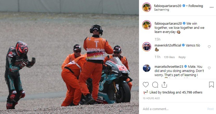 Fabio Quartararo saat terjatuh di Sachsenring. (Instagram/@fabioquartararo20)