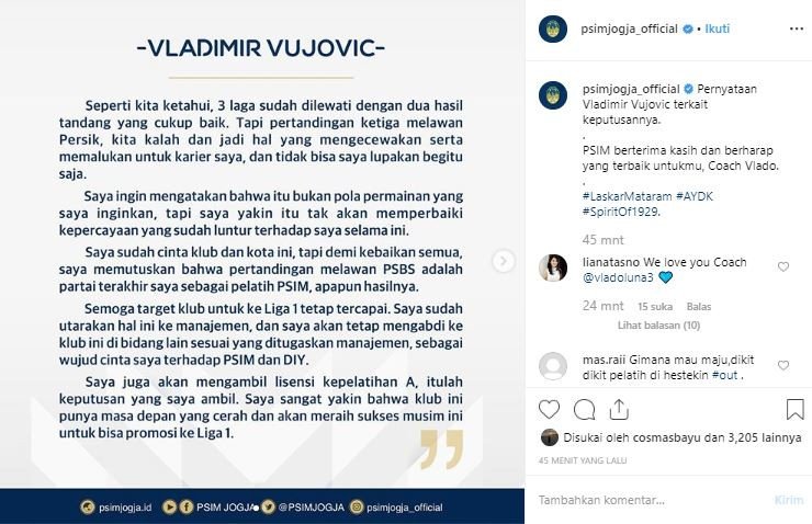 Vladimir Vujovic pamit mundur dari kursi pelatih PSIM Yogyakarta. (Instagram/@psimjogja_official).