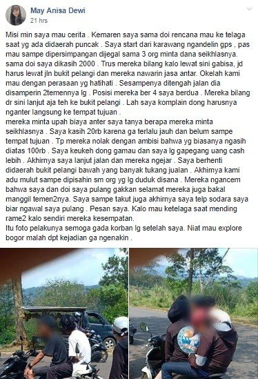 Pasangan Pengendara Motor di Bogor Diancam dan Dipalak Ratusan Ribu Rupiah. (Facebook)