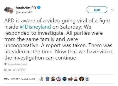 Konfirmasi pihak kepolisian terkait perkelahian keluarga di Disneyland. (Twitter/@AnaheimPD)