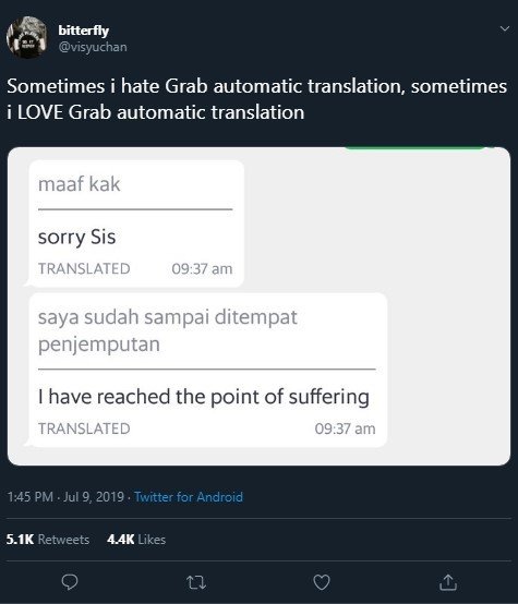 Terjemahan Otomatis di Aplikasi Grab. (Twitter)