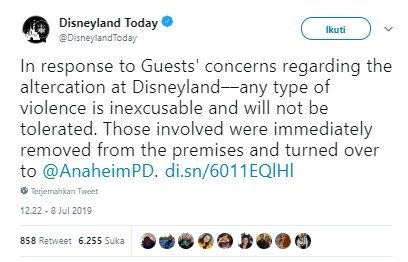 Konfirmasi pihak Disneyland terkait perkelahian keluarga yang terjadi. (Twitter/@DisneylandToday)