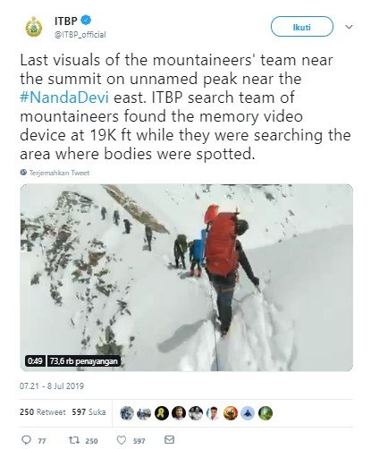 Rekaman terakhir pendaki Pegunungan Himalaya sebelum ditemukan tewas. (Twitter/@ITBP_official)