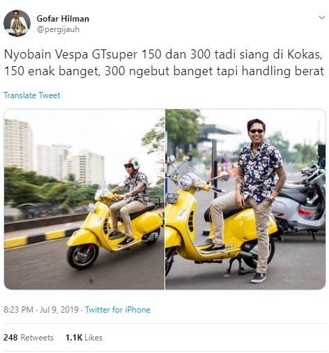 Gofar Hilman Jajal Vespa GTS Super 150 dan GTS Super 300. (Twitter/pergijauh)