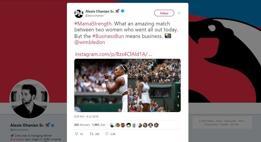 Suami Serena Williams mendukung istrinya dalam pertandingan Wimbledon. (Twitter/@alexisohanian)
