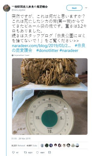 4 kilogram plastik yang ditemukan dalam perut rusa di Nara, Jepang. (Twitter/!nara_aigokai)