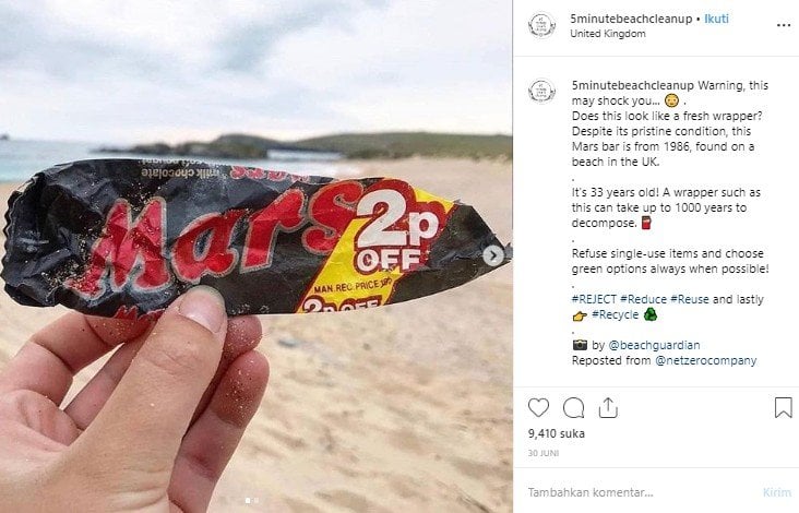 Sampah plastik ini sudah 33 tahun terombang ambing di lautan. (Instagram/@5minutesbeachcleanup)