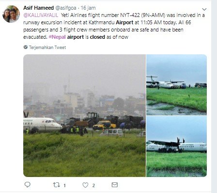 Pesawat tergelincir ke luar landasan, bandara di Nepal terpaksa ditutup. (Twitter/@asifgoa)