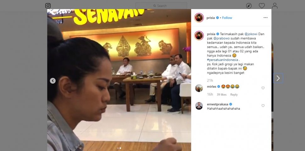 Lagi Makan, Prisia Nasution Grogi Dilihatin Jokowi dan Prabowo. Tangkapan layar video (instagram.com/prisia)