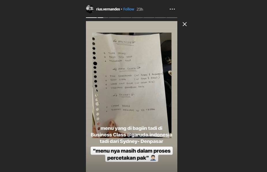 Viral Menu Tulis Tangan di Kelas Bisnis Garuda, Berikut Fakta-faktanya (instagram.com/rius.vernandes)