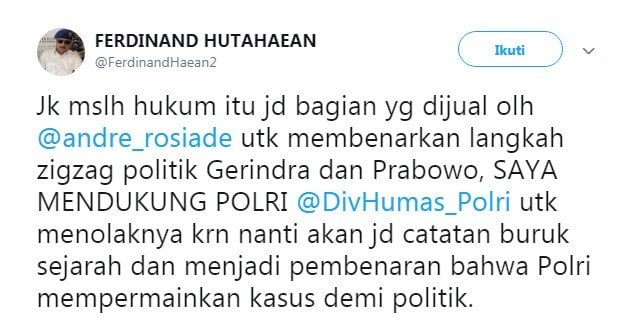 Debat sengit antara Ferdinand Hutahaean dengan Andre Rosiade di media sosial (Twitter)