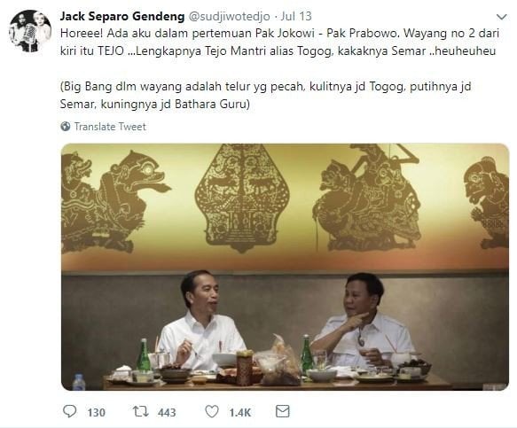 Kicauan Sujiwo Tejo terkait pertemuan Jokowi dan Prabowo. [Twitter]