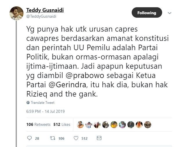 Cuitan Teddy Gusnaidi. [Twitter]