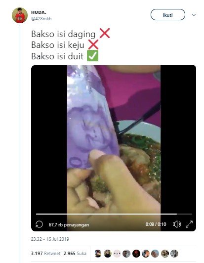 Viral, Bakso Isi Lembaran Uang Kertas Ini Bikin Warganet Gempar. (Twitter/428mkh)