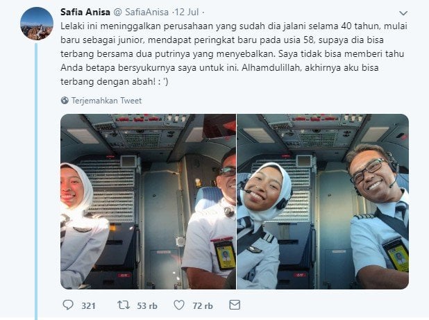 Jelang pensiun, pilot ini dapat kesempatan terbangkan pesawat bersama kedua putrinya. (Twitter/@SafiaAnisa)