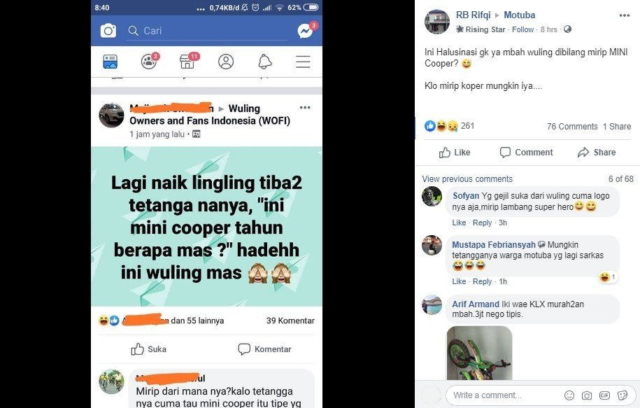 Curhat Wuling Dibilang Mirip Mini Cooper. (Facebook)