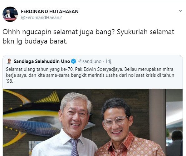 Ferdinand Hutahaean menyindir Sandiaga uno yang beri ucapan selamat (Twitter/ @ferdinandhaean2)