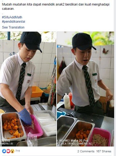 Salut, siswa ini rela korbankan jam istirahat demi bantu ibu kantin jualan. (Facebook/Redzwan Azizan)