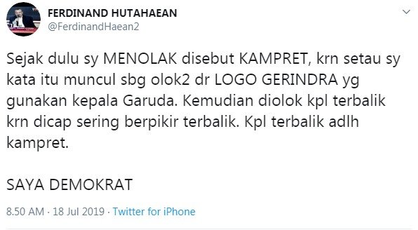 Ferdinand Hutahaean bongkar asal usul istilah kampret (Twitter/ @ferdinandhaean2)