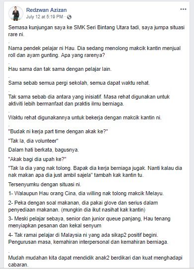 Salut, siswa ini rela korbankan jam istirahat demi bantu ibu kantin jualan. (Facebook/Redzwan Azizan