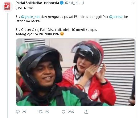 Grace Natalie ke Istana Merdeka naik ojek online. (Twitter/@psi_id)