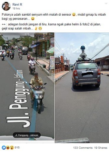 Pemotor dan Mobil Google Maps Saling Potret. (Facebook/Ravi R)