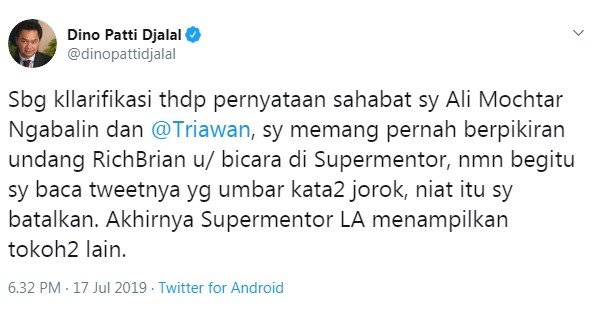 Klarifikasi Dino Patti Djalal seusai jejak digitalnya dibongkar (Twitter/ @dinopattidjalal)