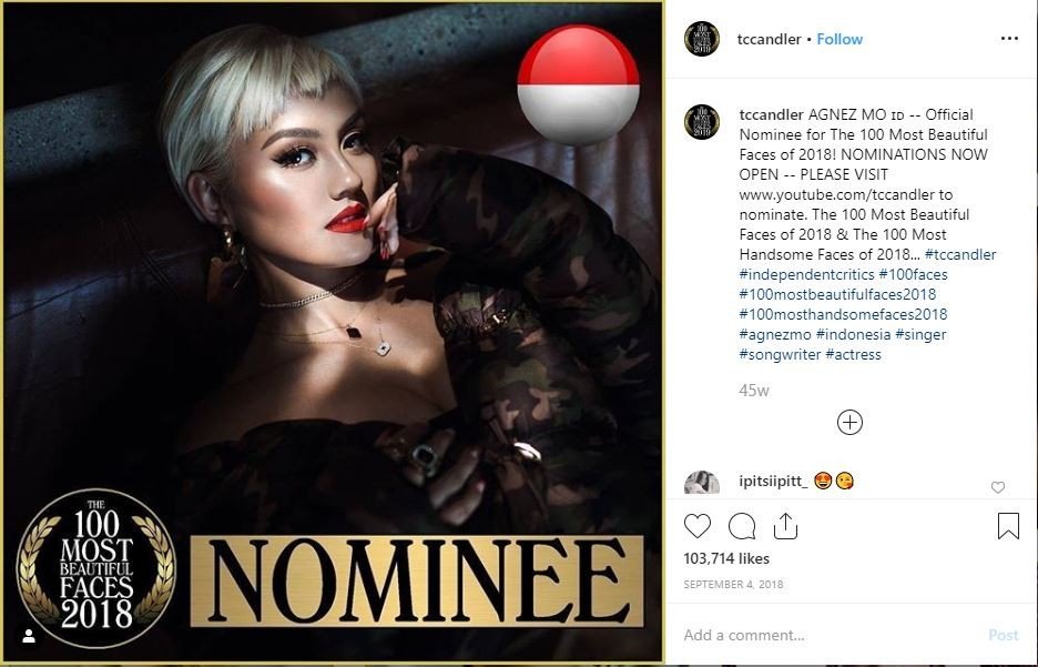 Agnez Mo masuk nominasi perempuan tercantik sedunia. [instagram/tccandler]