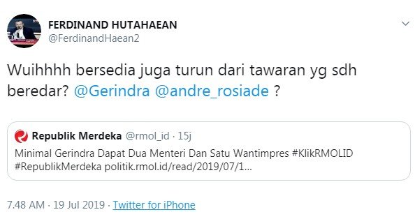 Sindiran Ferdinand Hutahaean soal jatah menteri untuk Gerindra (Twitter/ @ferdinandhaean2)