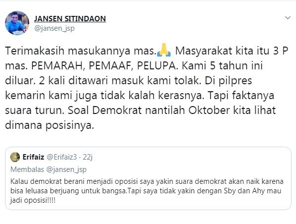 Tangkapan layar cuitan Ketua DPP Partai Demokrat Jansen Sitindaon (Twitter/ @jansen_jsp)