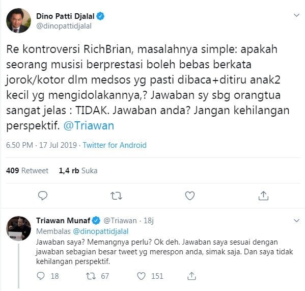 Tangkapan layar debat sengit Dino Patti Djalal dan Triawan Munaf soal Rich Brian (Twitter)