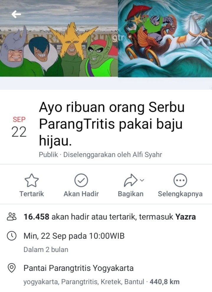 Tangkapan layar ajakan ke Parangtritis pakai baju hijau yang tersebar di Facebook. [Facebook]