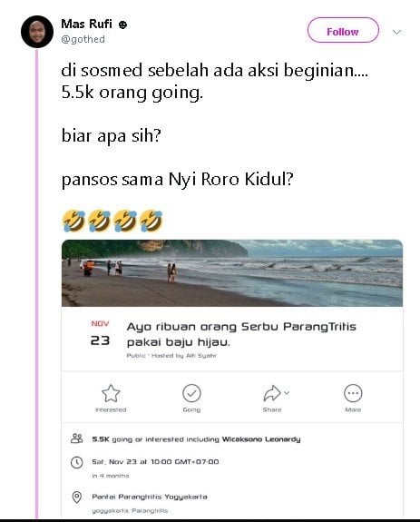 Cuitan aksi serbu Pantai Parangtritis. (Twitter/gothed)