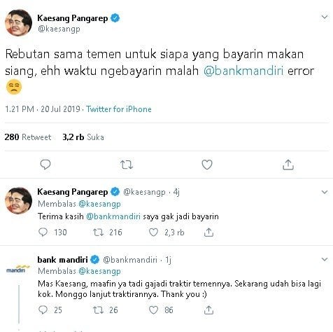 Cuitan Kaesang Pangarep soal gangguan Bank Mandiri. (Twitter/kaesangp)