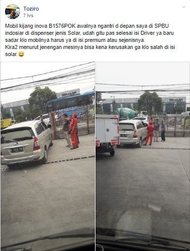 Salah Antre di SPBU, Kijang Innova Salah Isi Bahan Bakar. (Facebook/Torizo)