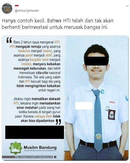 Cuitan soal pernyataan siswa SMA terkait HTI. (Twitter/@AhlulQohwah)