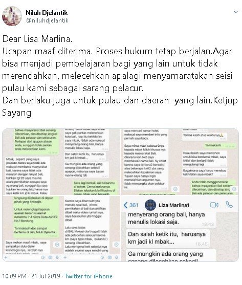 Ni Luh Djelantik bagikan pesan permohonan maaf dari Lisa Marlina. (Twitter/@niluhdjelantik)