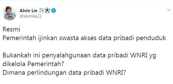 Cuitan Alvin Lie soal pemberian data pribadi WNI kepada pihak swasta (Twitter/ @alvinlie21)