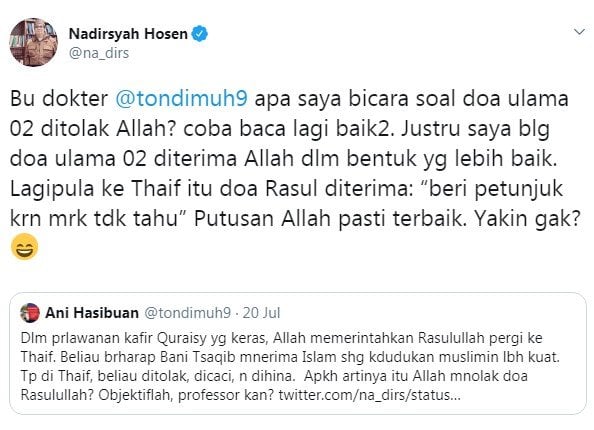 Twitwar Gus Nadir dan Ani Hasibuan soal doa 02 tak dikabulkan (Twitter)