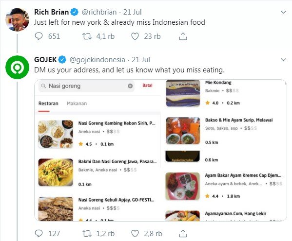 Cuitan Gojek tawarkan antar makanan untuk Rich Brian ke New York (Twitter/ @richbrian)