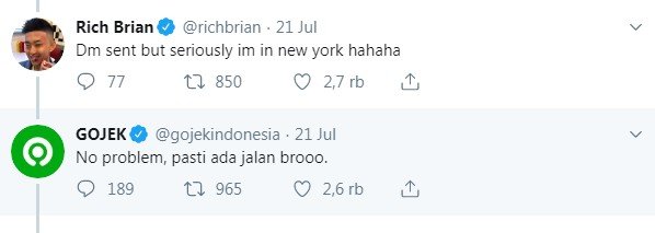 Cuitan Gojek tawarkan antar makanan untuk Rich Brian ke New York (Twitter/ @richbrian)